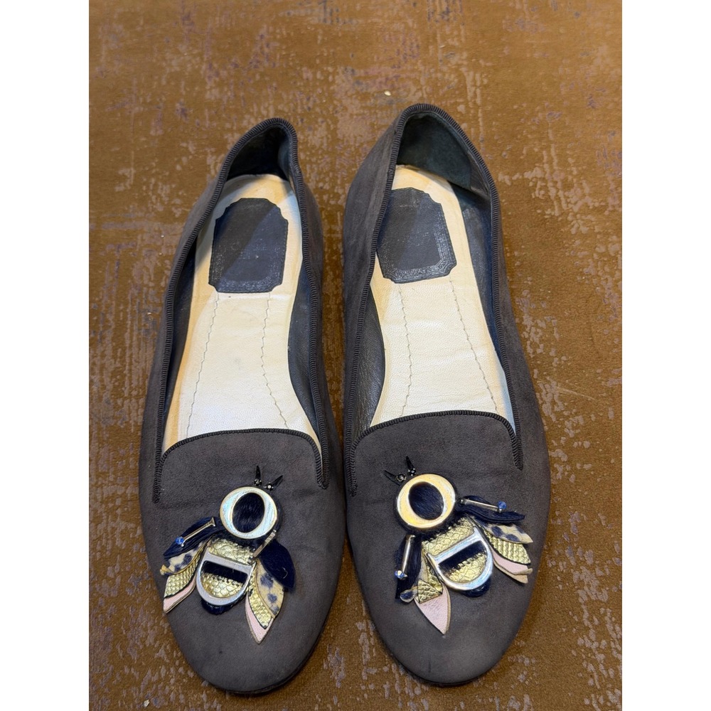 Christian Dior Grey Suede Bee Embellished Loafers Smoking Slipper Size 38 CL0416